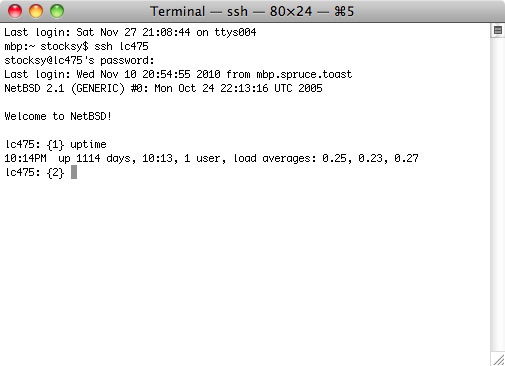 terminal session showing over 3 years uptime